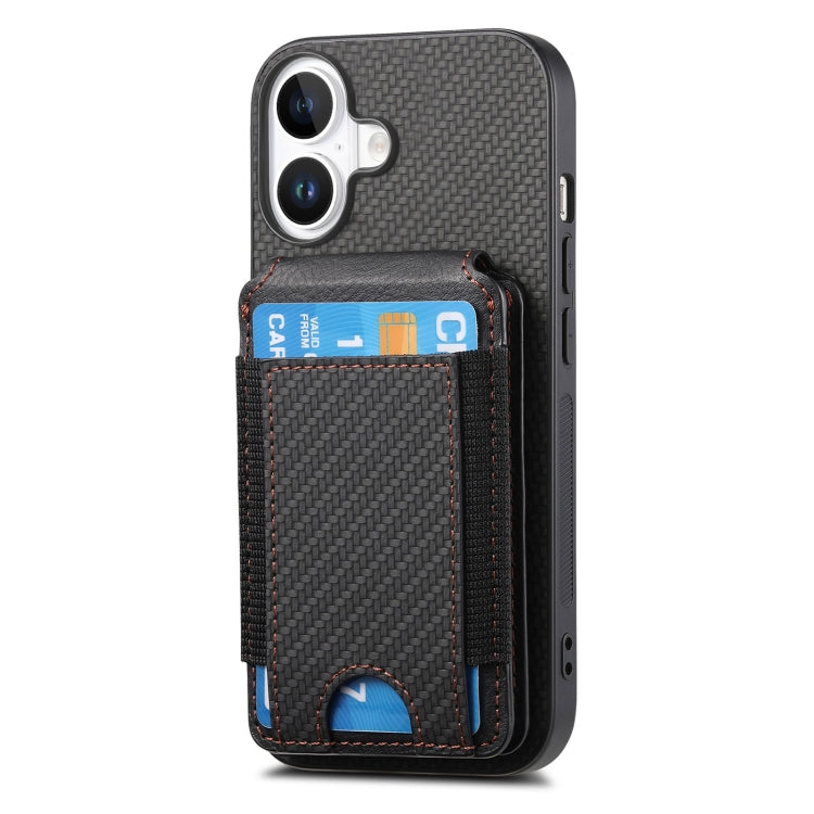 For iPhone 16 Plus Carbon Fiber Vertical Flip Wallet Stand Phone Case
