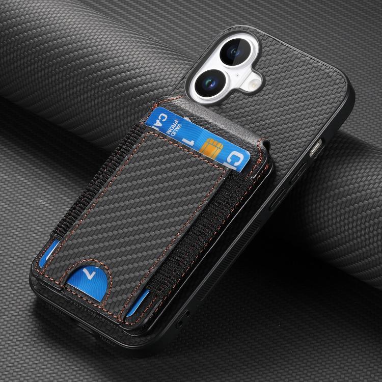 For iPhone 17 Carbon Fiber Vertical Flip Wallet Stand Phone Case