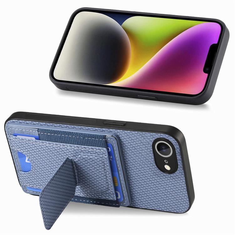 For iPhone 17e / 16e Carbon Fiber Fold Stand Elastic Card Bag Phone Case