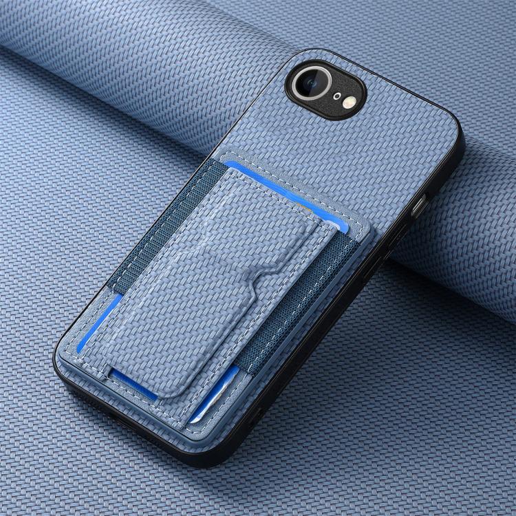 For iPhone 17e / 16e Carbon Fiber Fold Stand Elastic Card Bag Phone Case