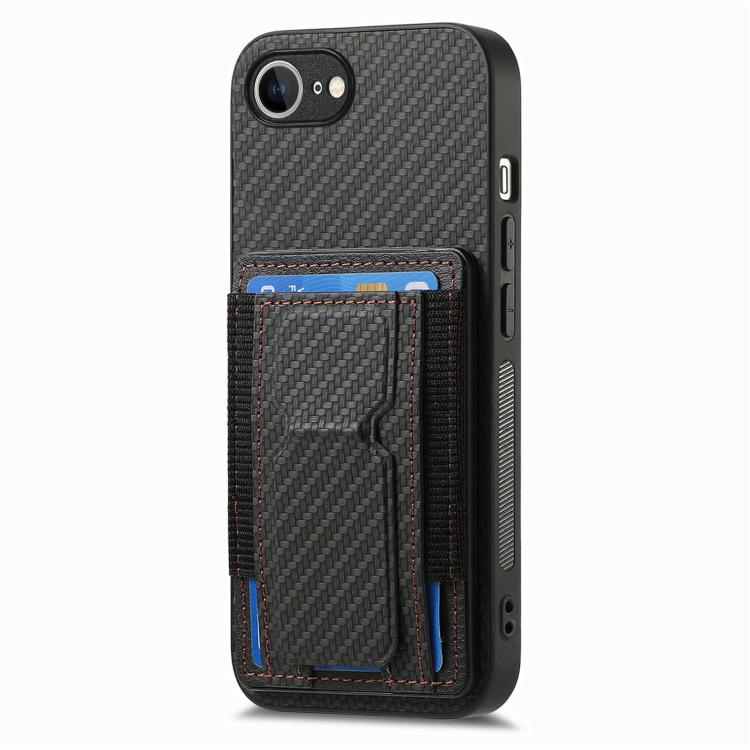 For iPhone 17e / 16e Carbon Fiber Fold Stand Elastic Card Bag Phone Case