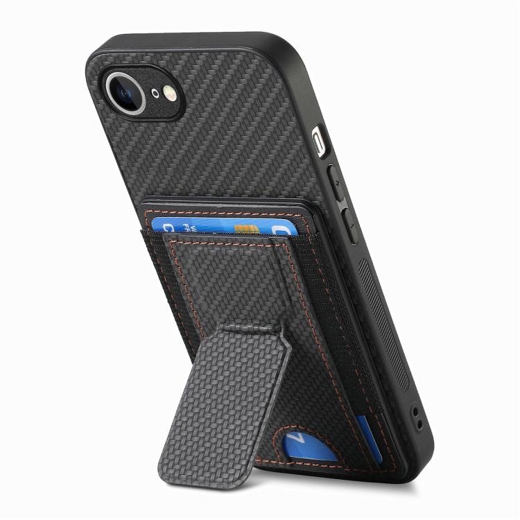 For iPhone 17e / 16e Carbon Fiber Fold Stand Elastic Card Bag Phone Case
