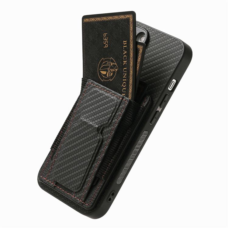 For iPhone 17e / 16e Carbon Fiber Fold Stand Elastic Card Bag Phone Case