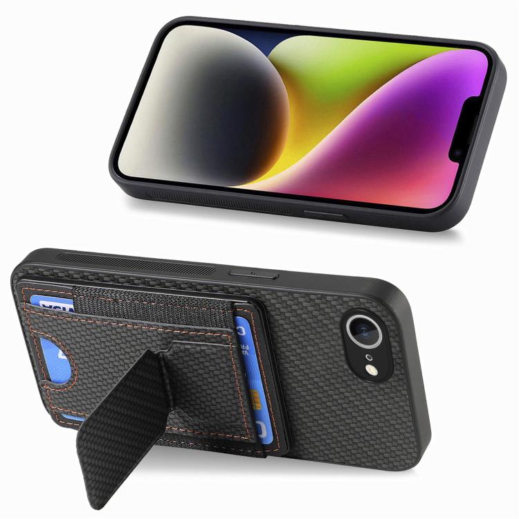 For iPhone 17e / 16e Carbon Fiber Fold Stand Elastic Card Bag Phone Case