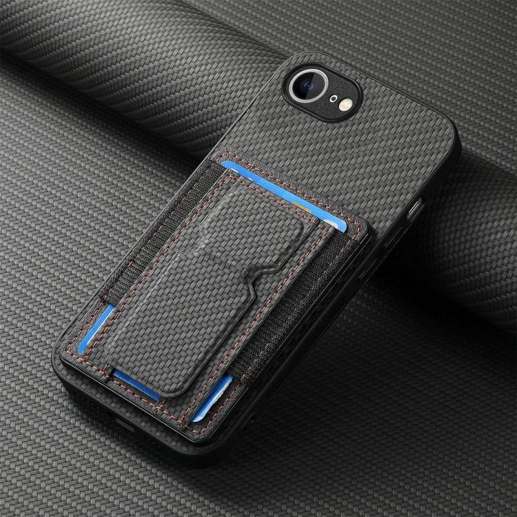 For iPhone 17e / 16e Carbon Fiber Fold Stand Elastic Card Bag Phone Case