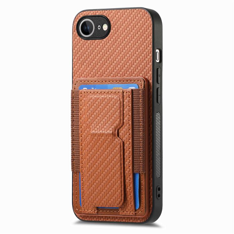 For iPhone 17e / 16e Carbon Fiber Fold Stand Elastic Card Bag Phone Case