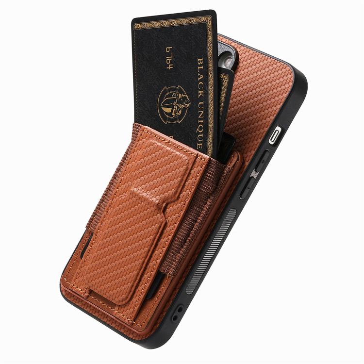 For iPhone 17e / 16e Carbon Fiber Fold Stand Elastic Card Bag Phone Case