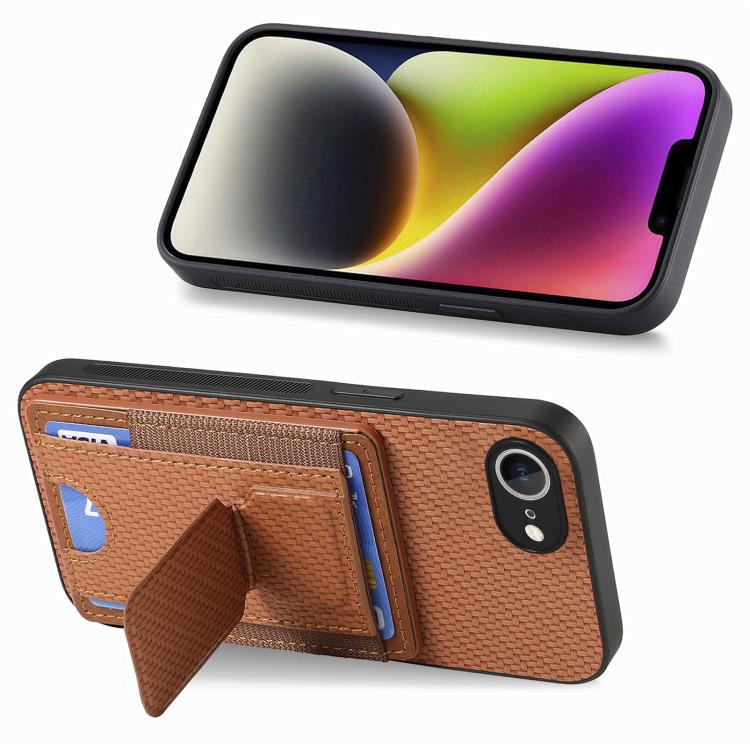 For iPhone 17e / 16e Carbon Fiber Fold Stand Elastic Card Bag Phone Case