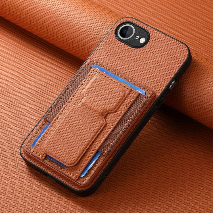 For iPhone 17e / 16e Carbon Fiber Fold Stand Elastic Card Bag Phone Case