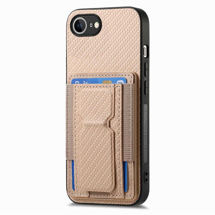 For iPhone 17e / 16e Carbon Fiber Fold Stand Elastic Card Bag Phone Case