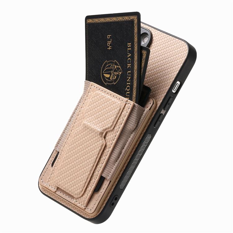 For iPhone 17e / 16e Carbon Fiber Fold Stand Elastic Card Bag Phone Case