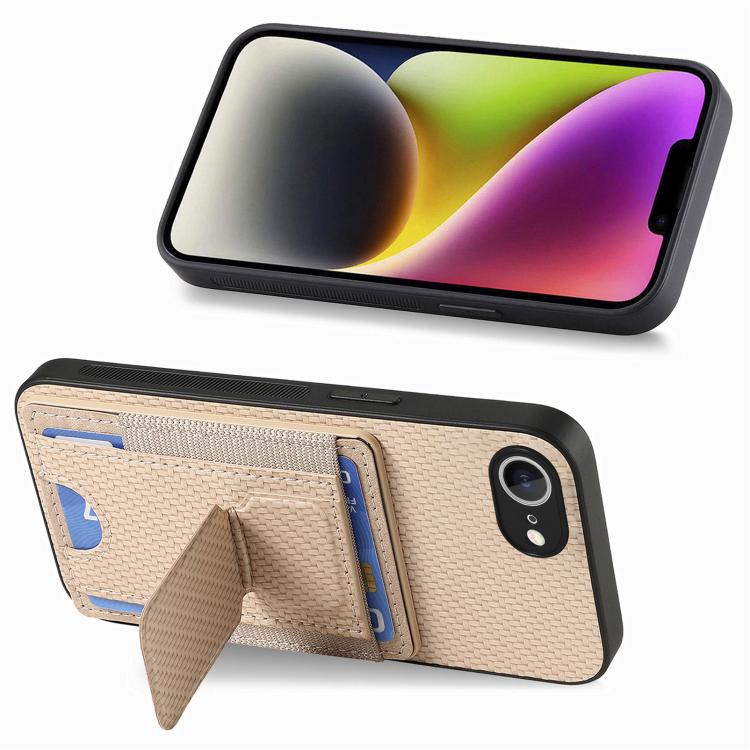 For iPhone 17e / 16e Carbon Fiber Fold Stand Elastic Card Bag Phone Case