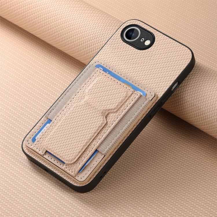 For iPhone 17e / 16e Carbon Fiber Fold Stand Elastic Card Bag Phone Case