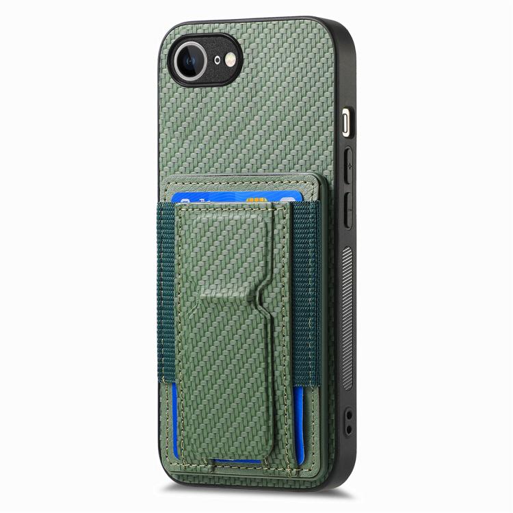 For iPhone 17e / 16e Carbon Fiber Fold Stand Elastic Card Bag Phone Case