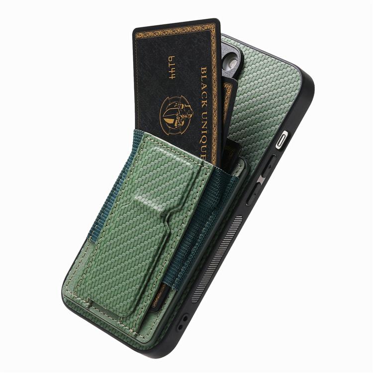 For iPhone 17e / 16e Carbon Fiber Fold Stand Elastic Card Bag Phone Case