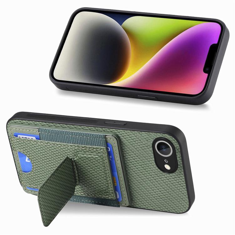 For iPhone 17e / 16e Carbon Fiber Fold Stand Elastic Card Bag Phone Case