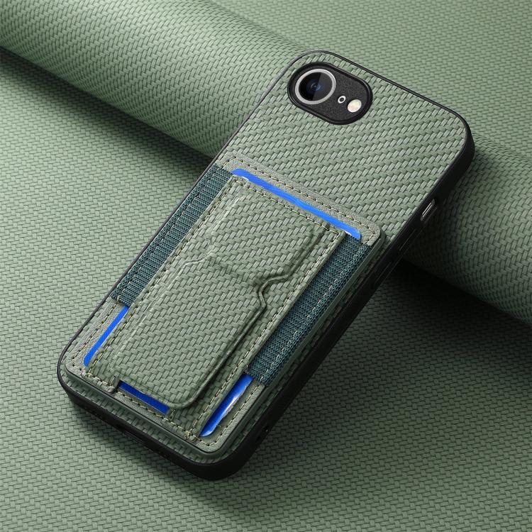 For iPhone 17e / 16e Carbon Fiber Fold Stand Elastic Card Bag Phone Case
