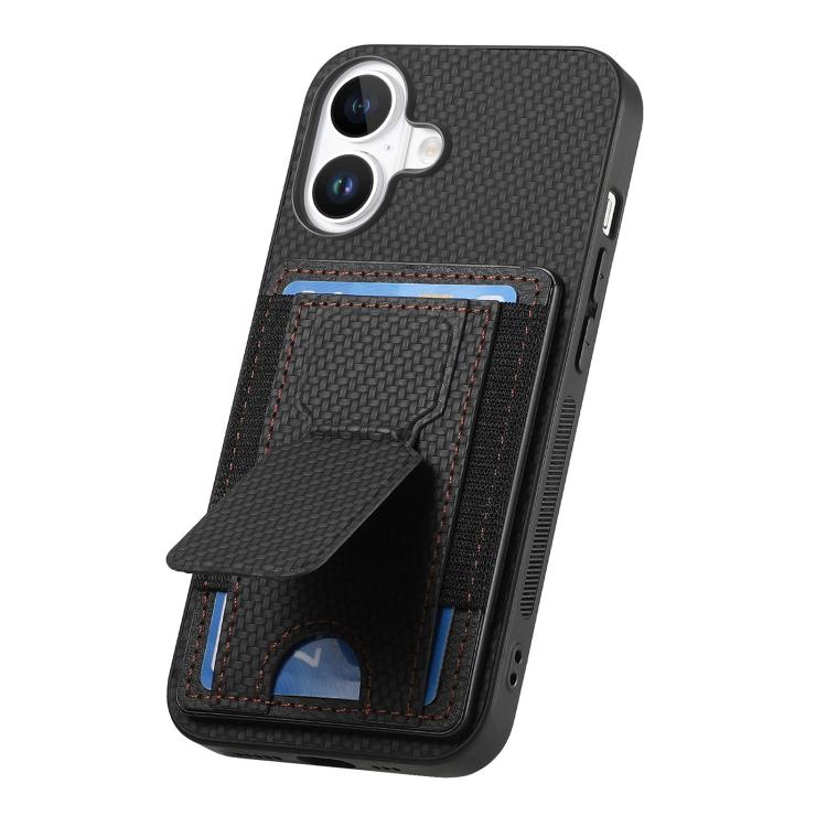 For iPhone 17 Carbon Fiber Fold Stand Elastic Card Bag Phone Case