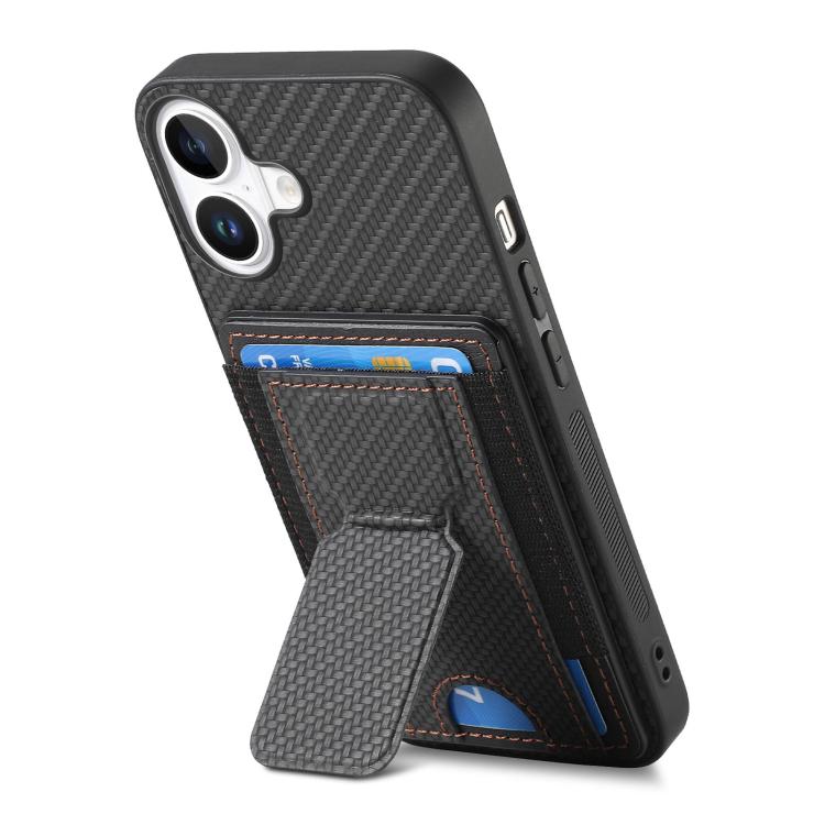 For iPhone 17 Carbon Fiber Fold Stand Elastic Card Bag Phone Case