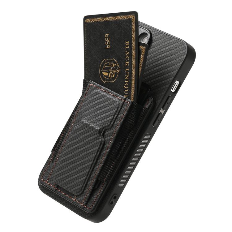 For iPhone 17 Carbon Fiber Fold Stand Elastic Card Bag Phone Case