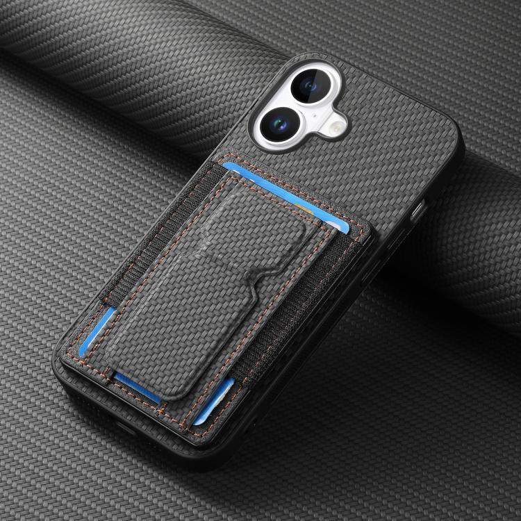 For iPhone 17 Carbon Fiber Fold Stand Elastic Card Bag Phone Case