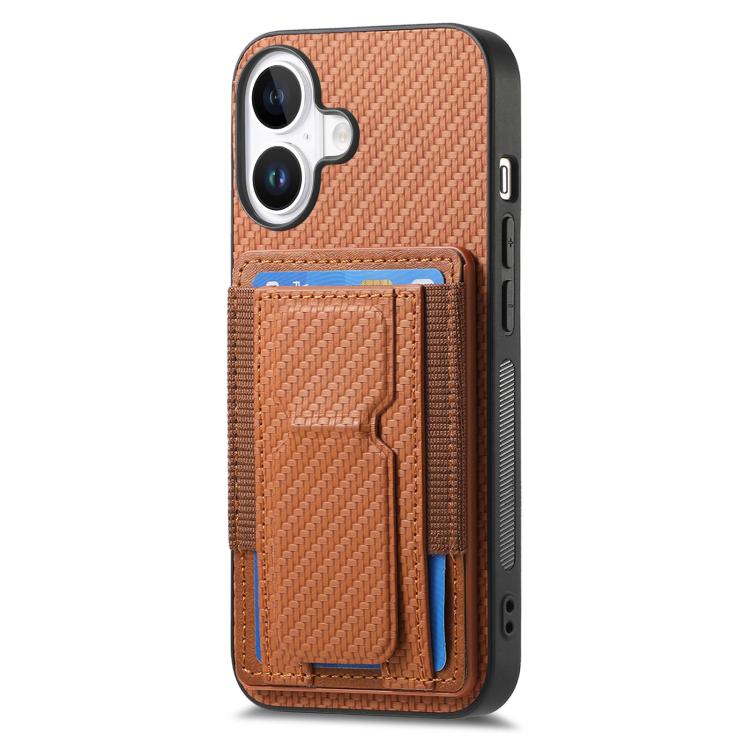 For iPhone 17 Carbon Fiber Fold Stand Elastic Card Bag Phone Case