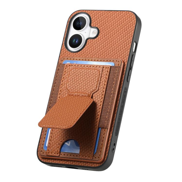 For iPhone 17 Carbon Fiber Fold Stand Elastic Card Bag Phone Case