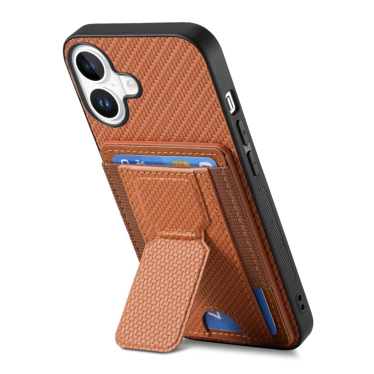 For iPhone 17 Carbon Fiber Fold Stand Elastic Card Bag Phone Case