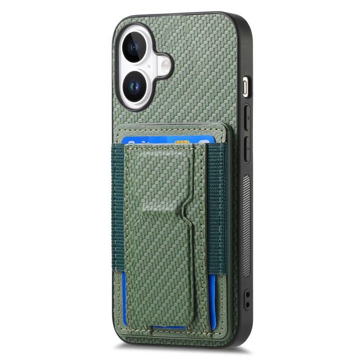 For iPhone 17 Carbon Fiber Fold Stand Elastic Card Bag Phone Case