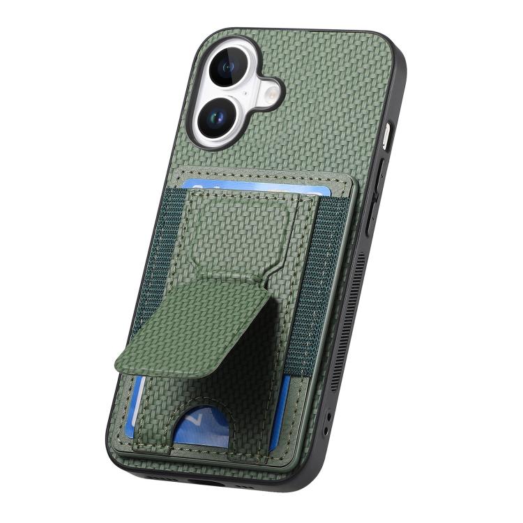 For iPhone 17 Carbon Fiber Fold Stand Elastic Card Bag Phone Case