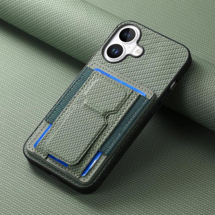 For iPhone 17 Carbon Fiber Fold Stand Elastic Card Bag Phone Case