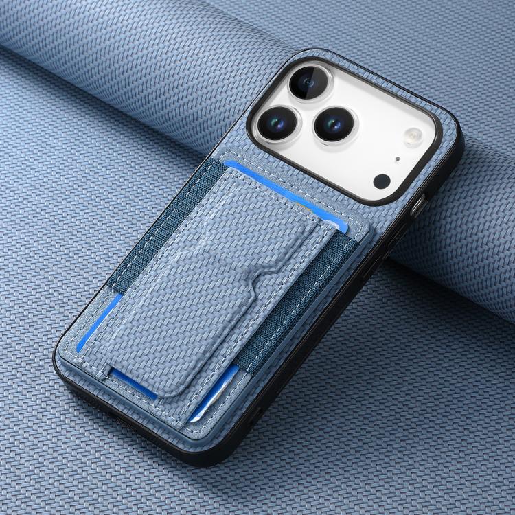 For iPhone 17 Pro Carbon Fiber Fold Stand Elastic Card Bag Phone Case