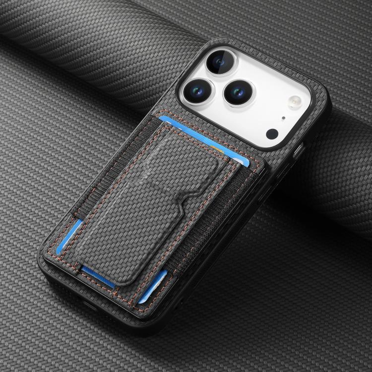 For iPhone 17 Pro Carbon Fiber Fold Stand Elastic Card Bag Phone Case