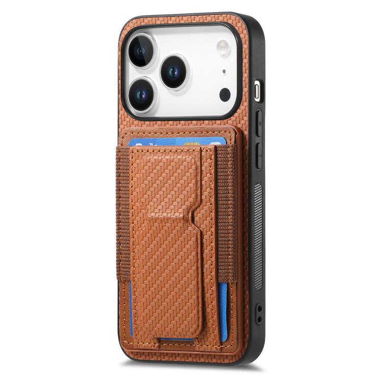 For iPhone 17 Pro Carbon Fiber Fold Stand Elastic Card Bag Phone Case