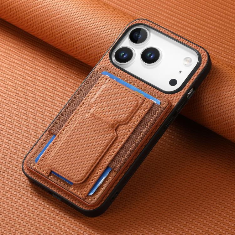 For iPhone 17 Pro Carbon Fiber Fold Stand Elastic Card Bag Phone Case
