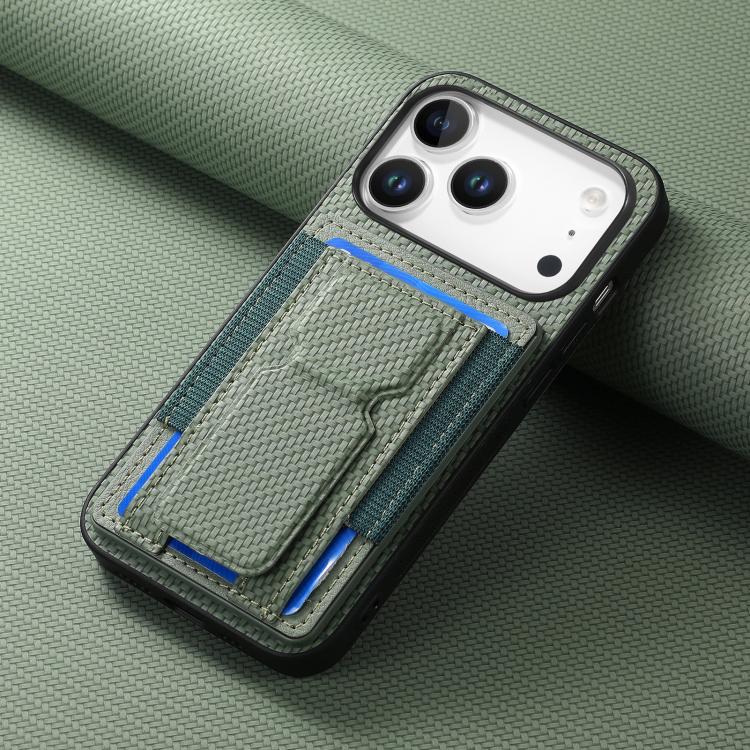 For iPhone 17 Pro Carbon Fiber Fold Stand Elastic Card Bag Phone Case