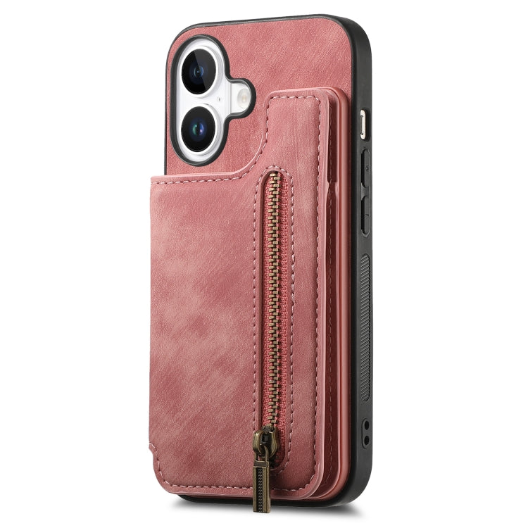 For iPhone 16 Retro Leather Zipper Wallet Back Phone Case
