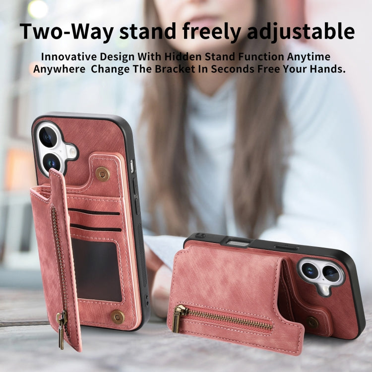For iPhone 16 Retro Leather Zipper Wallet Back Phone Case