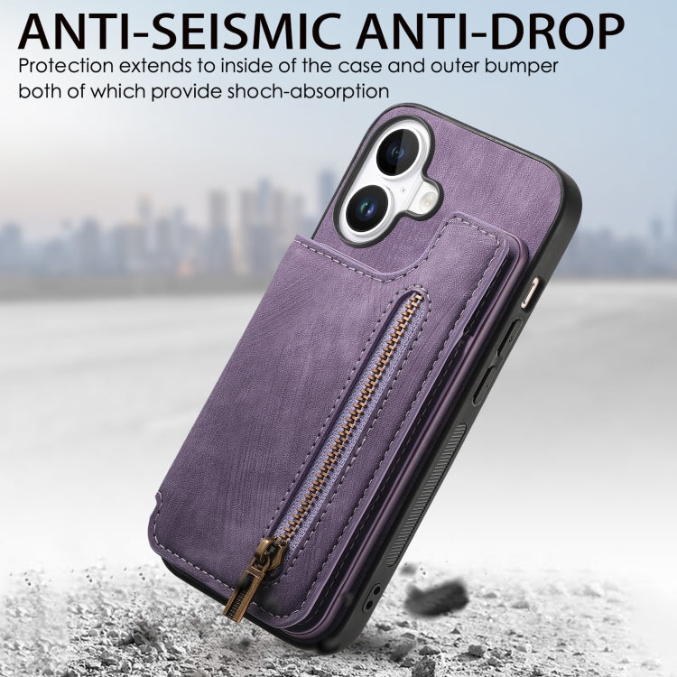 For iPhone 16 Retro Leather Zipper Wallet Back Phone Case