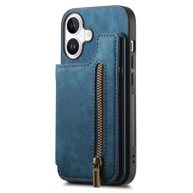 For iPhone 16 Retro Leather Zipper Wallet Back Phone Case