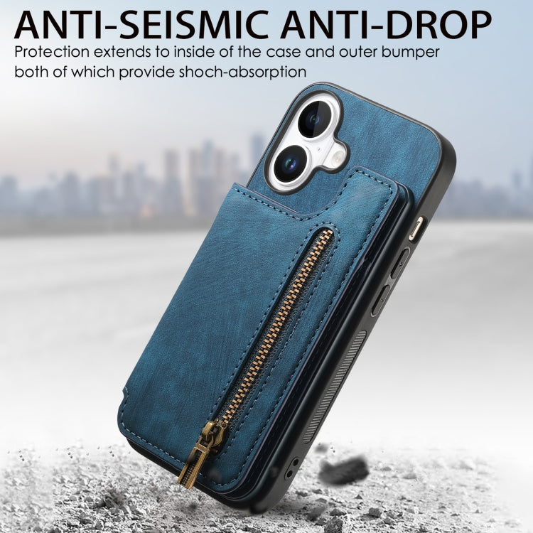 For iPhone 16 Retro Leather Zipper Wallet Back Phone Case