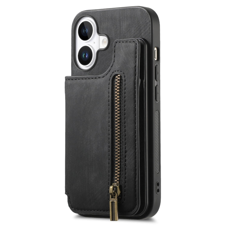 For iPhone 16 Retro Leather Zipper Wallet Back Phone Case