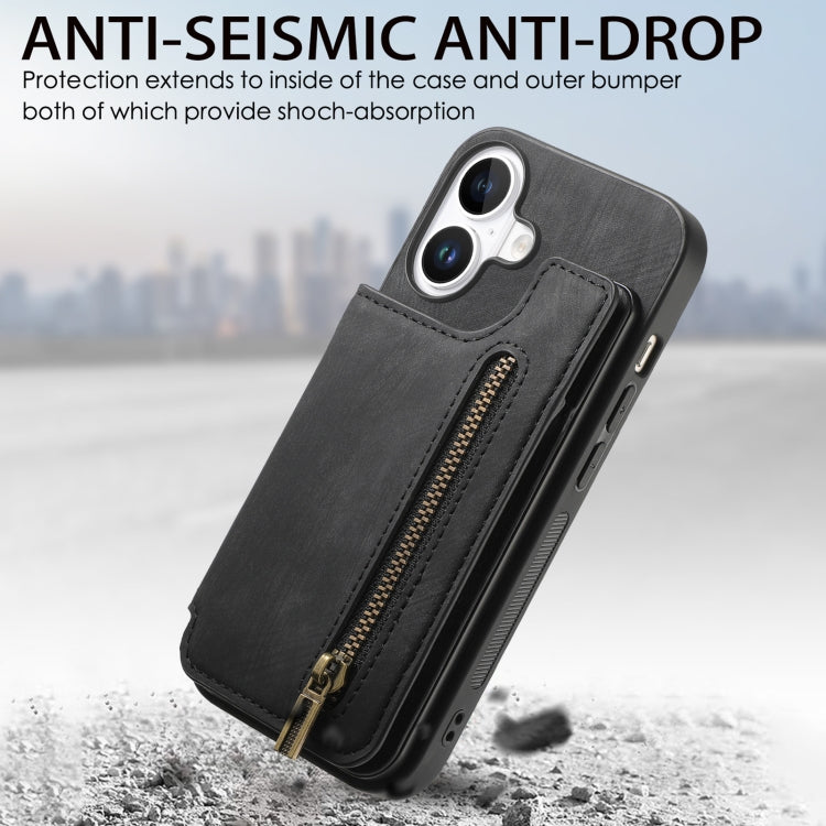 For iPhone 16 Retro Leather Zipper Wallet Back Phone Case