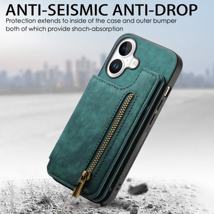For iPhone 16 Retro Leather Zipper Wallet Back Phone Case