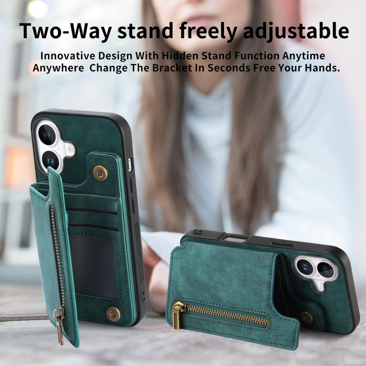 For iPhone 16 Retro Leather Zipper Wallet Back Phone Case