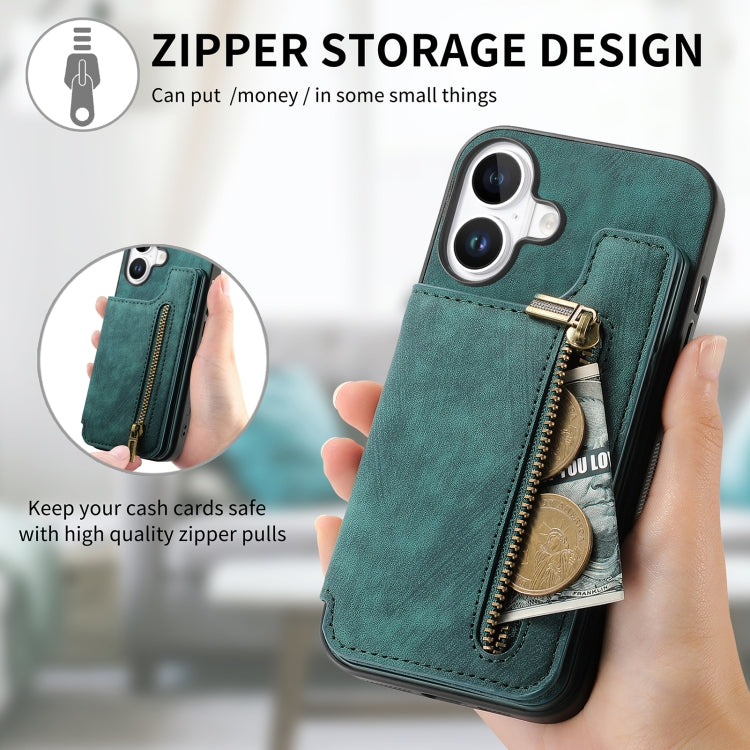 For iPhone 16 Retro Leather Zipper Wallet Back Phone Case