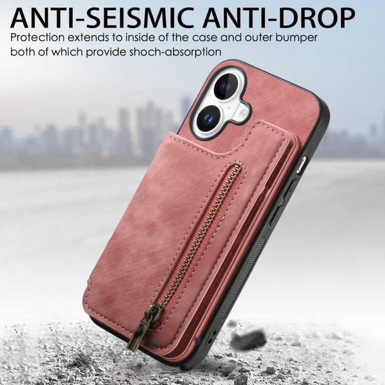 For iPhone 16 Plus Retro Leather Zipper Wallet Back Phone Case