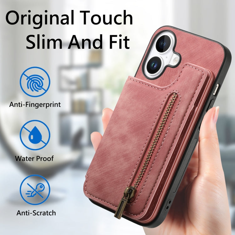For iPhone 16 Plus Retro Leather Zipper Wallet Back Phone Case