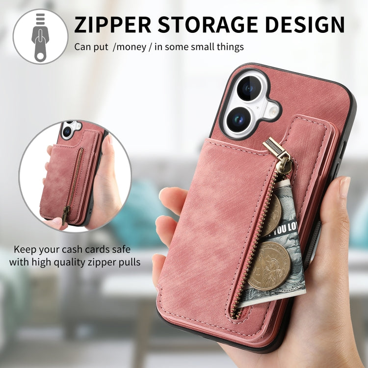 For iPhone 16 Plus Retro Leather Zipper Wallet Back Phone Case
