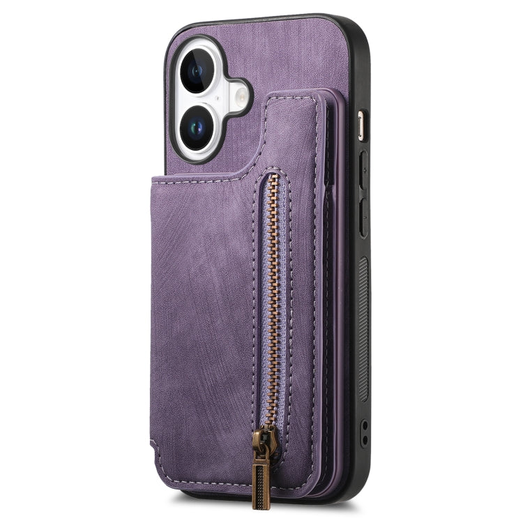 For iPhone 16 Plus Retro Leather Zipper Wallet Back Phone Case